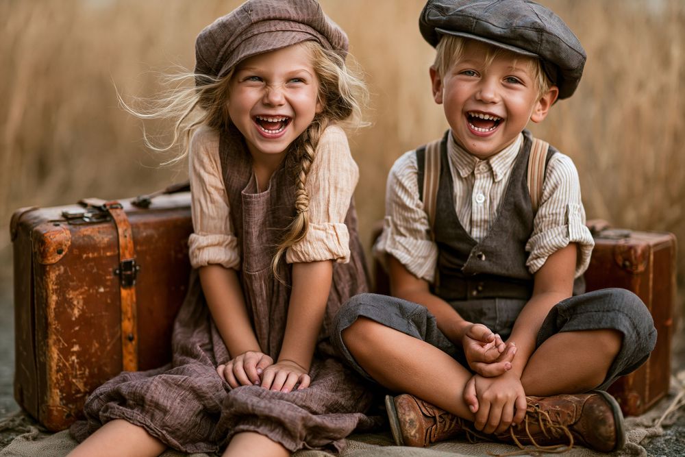 Two laughing children in vintage clothing sit beside an old suitcase in a field, radiating joy and nostalgia.