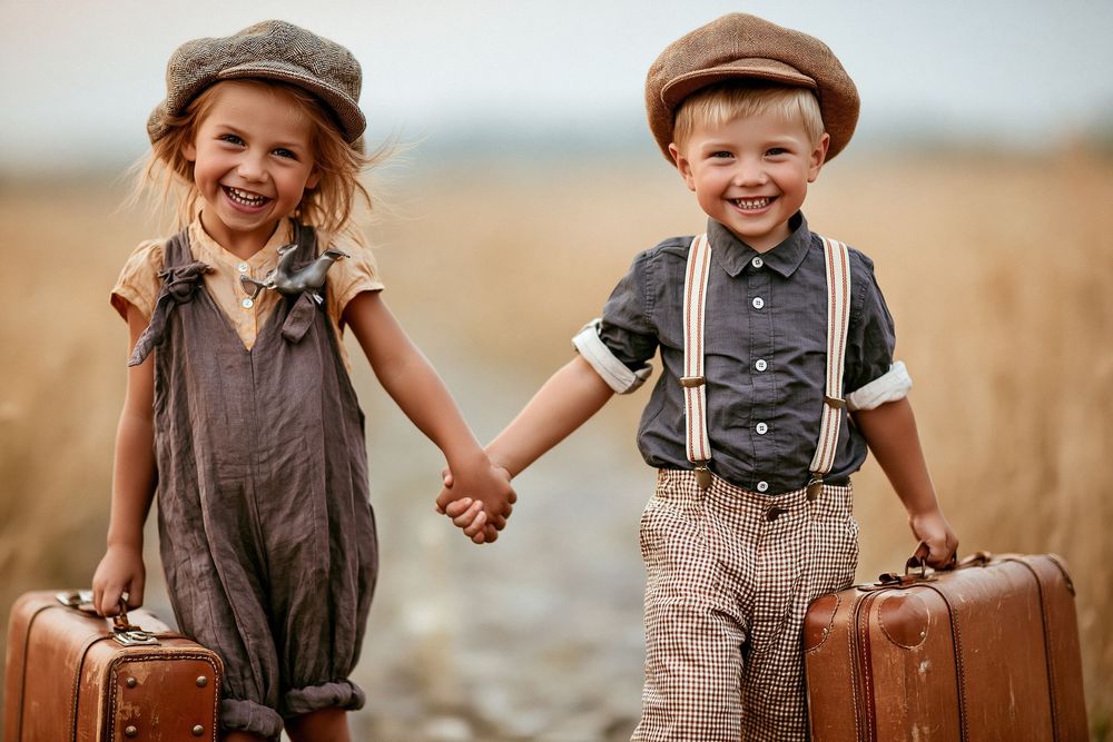 Two smiling children in vintage outfits holding hands and suitcases in a sunny field.