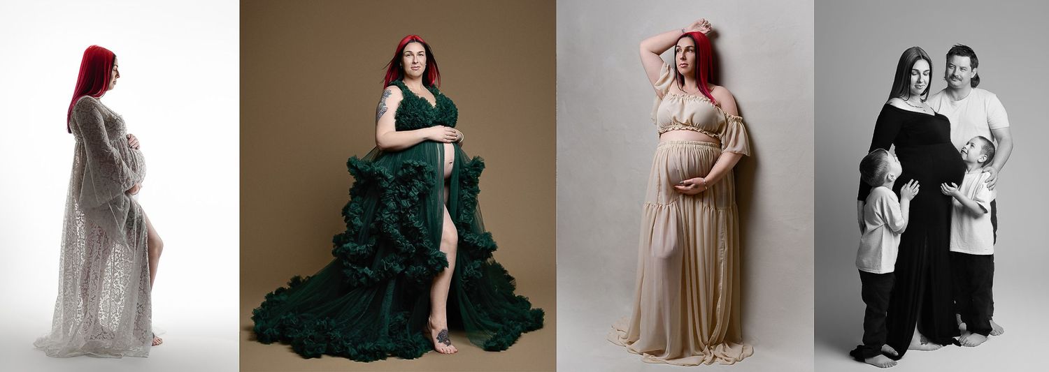 Four maternity photoshoot poses featuring a redhead woman in elegant gowns, including white, green, and black-and-white studio portraits.
