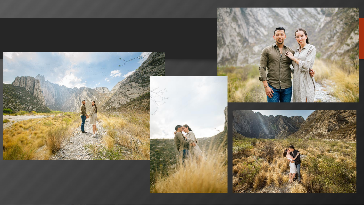 Couple posing in a stunning mountain landscape with golden grass and rocky peaks in Huasteca Mexico.