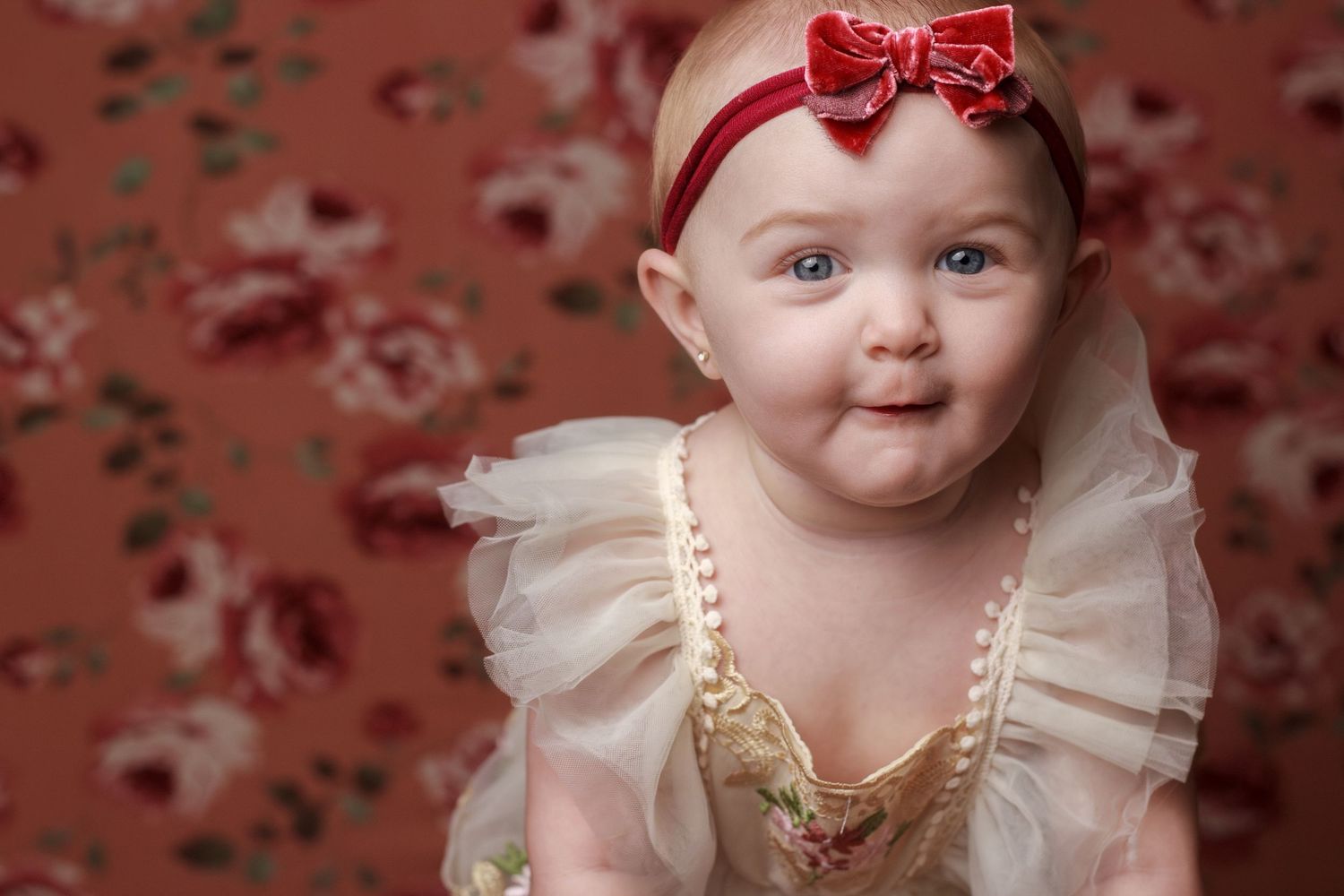 Mauve pink backdrop with red roses for newborn session setups.