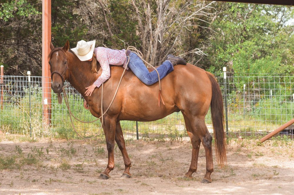 Cowgirl lying across the back of horse bareback