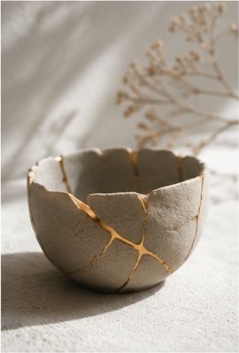 A delicate Kintsugi ceramic bowl with gold-repaired cracks on a white surface, with dried flowers in the background.