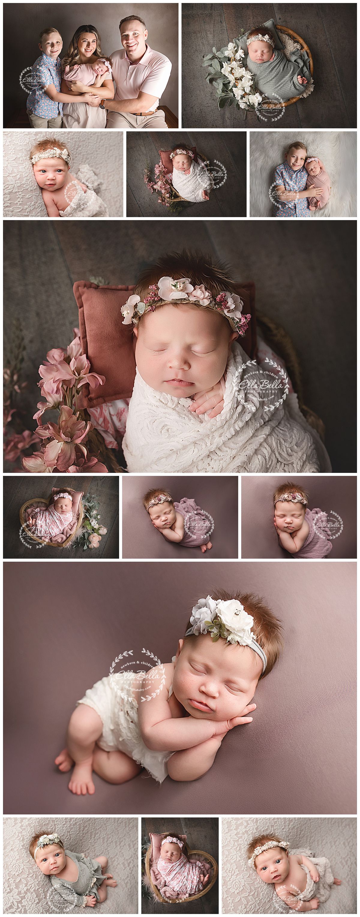 Newborn photography collage featuring a baby girl in floral headbands, family portraits, and posed newborn shots in soft pink tones.