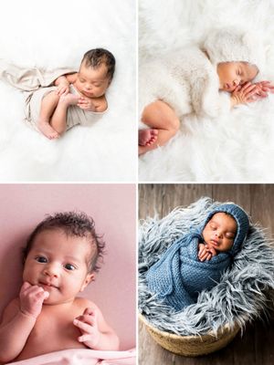 Collage of four newborn baby photos featuring sleeping and awake infants wrapped in soft blankets and cozy props.