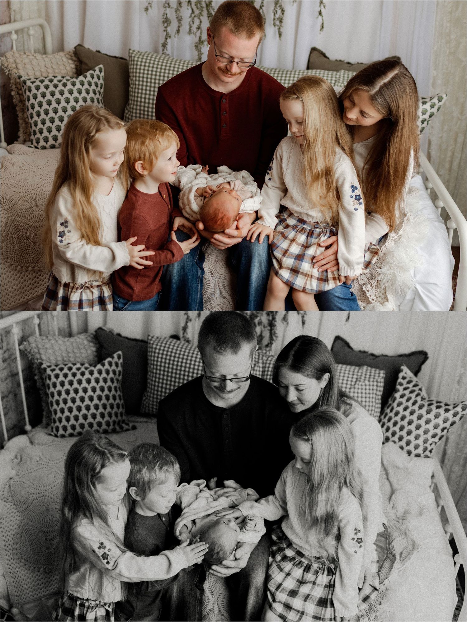 A father with four children and a newborn baby pose for a family portrait, shown in color and black and white.