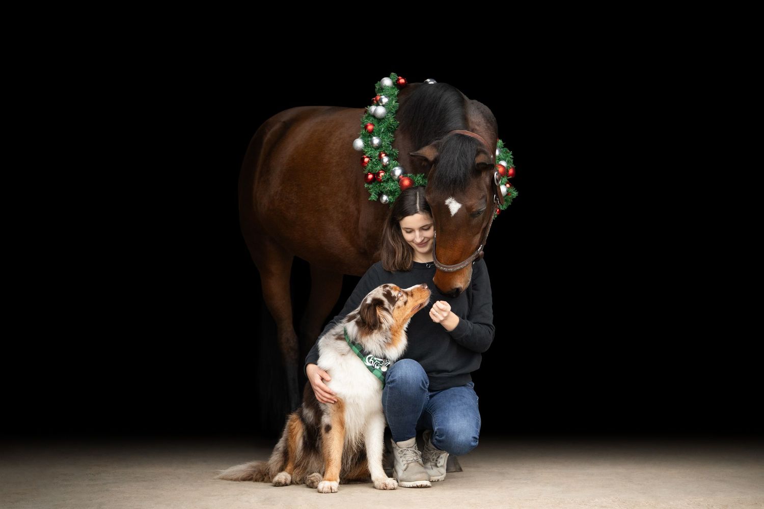 Woman kneeling with a collie dog beside a brown horse wearing a Christmas wreath, holiday pet portrait.