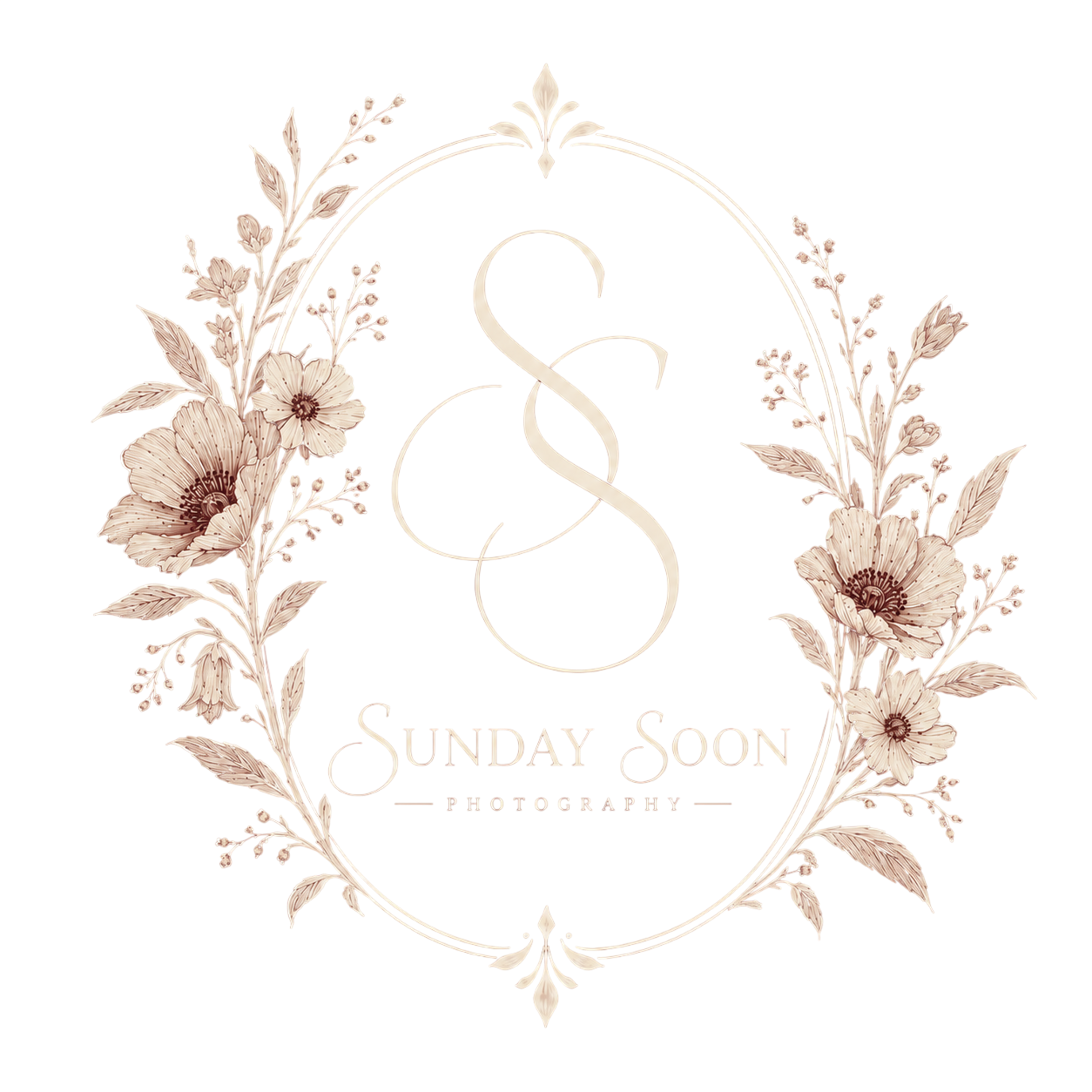 Elegant Sunday Soon Photography logo with floral wreath, cursive ampersand, and delicate botanical illustrations in rose gold.