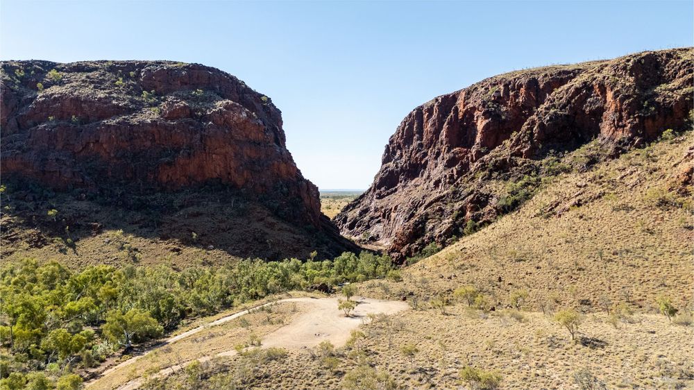 Red rock canyon walls rise dramatically above arid scrubland in the Australian outback under a clear blue sky.