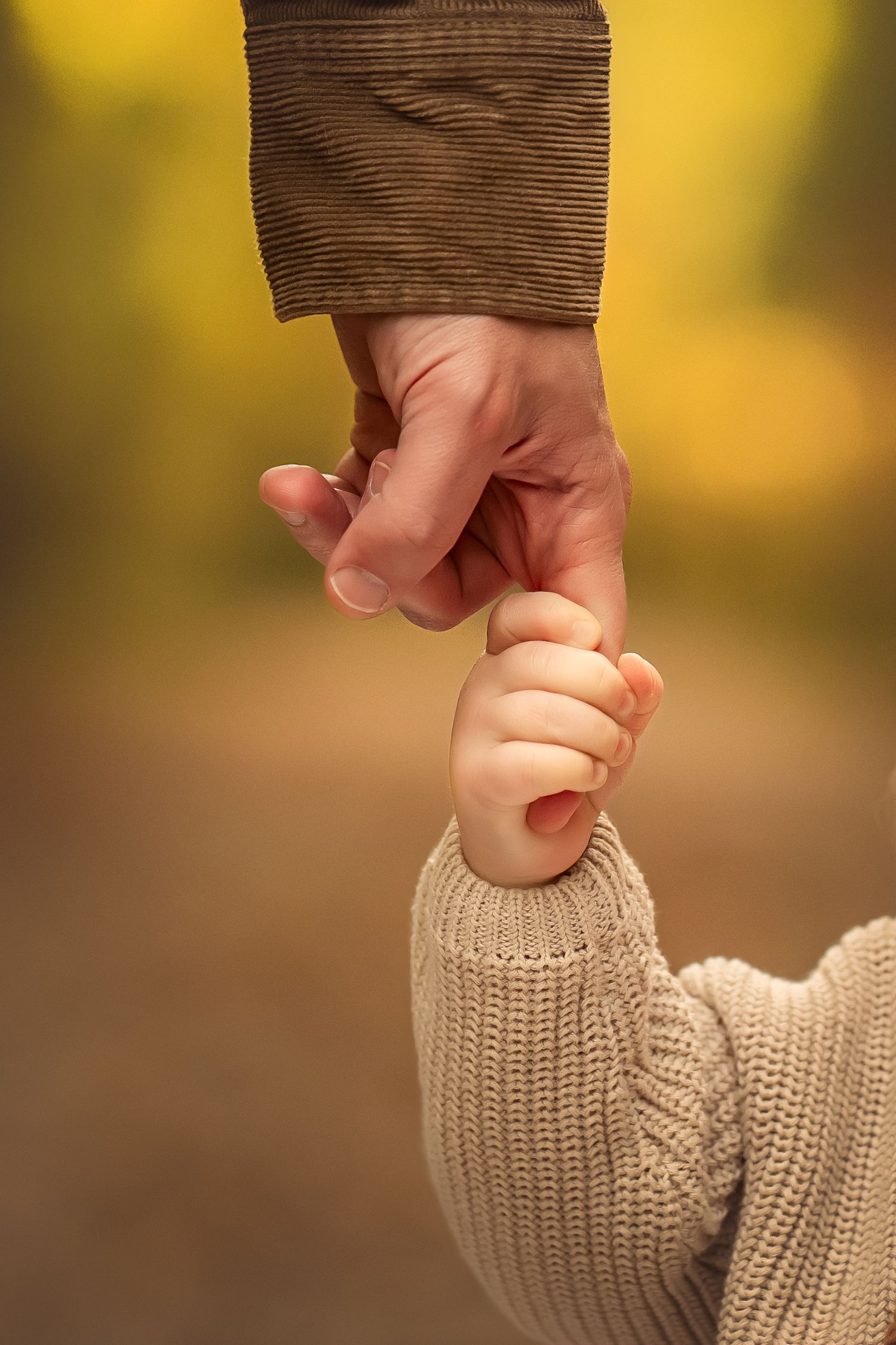 Adult hand gently holding a baby's tiny fist outdoors in autumn, symbolizing parental love and family bond.