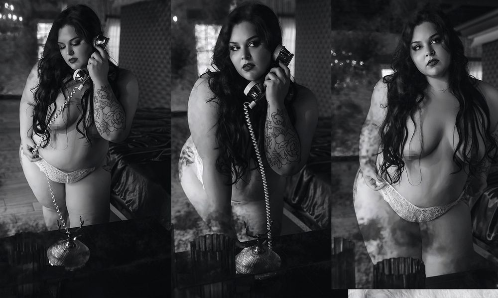 Black and white triptych of a tattooed plus-size woman posing with a vintage telephone in lingerie.
