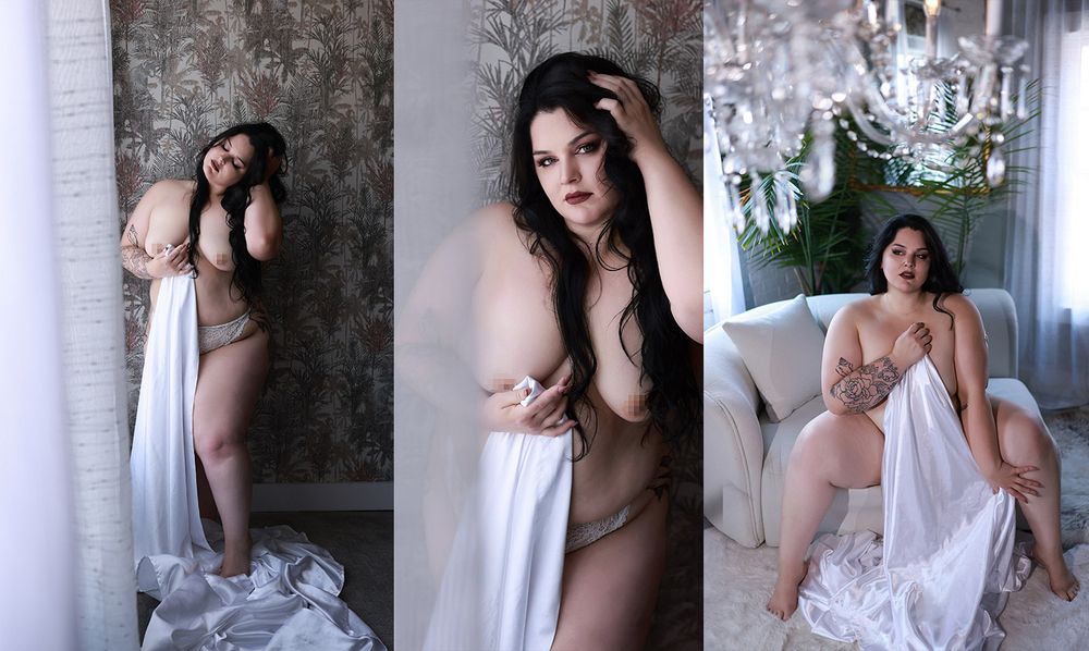 Elegant boudoir photography triptych featuring a brunette woman posed in sheer white fabric in a luxurious room.