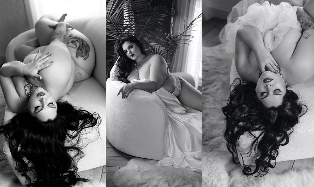 Black and white boudoir photo collage of a woman with dark hair posing elegantly in soft, flowing white fabric.