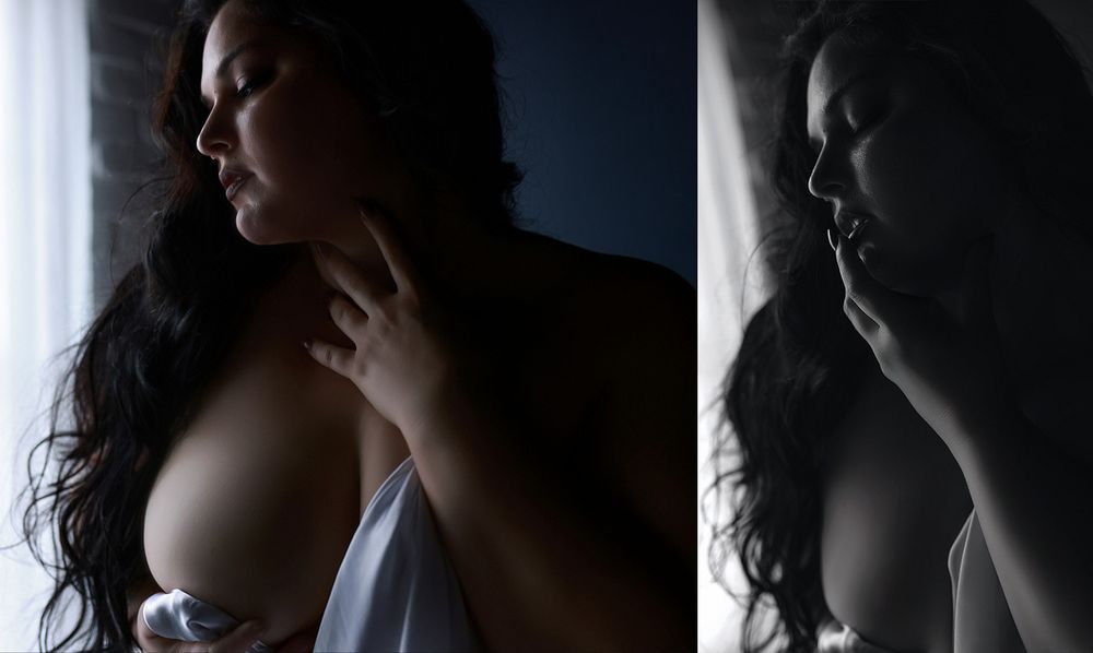 A woman in soft dramatic lighting poses gracefully in a white drape, shown in color and black-and-white boudoir photography.