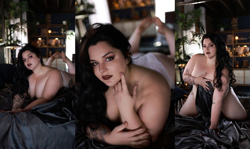 Sultry boudoir photography triptych of a brunette woman posing on black satin sheets in a moody, plant-filled setting.
