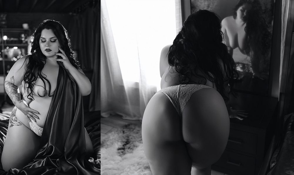Black and white boudoir photography diptych showcasing a curvy brunette woman in artistic, dramatic poses.
