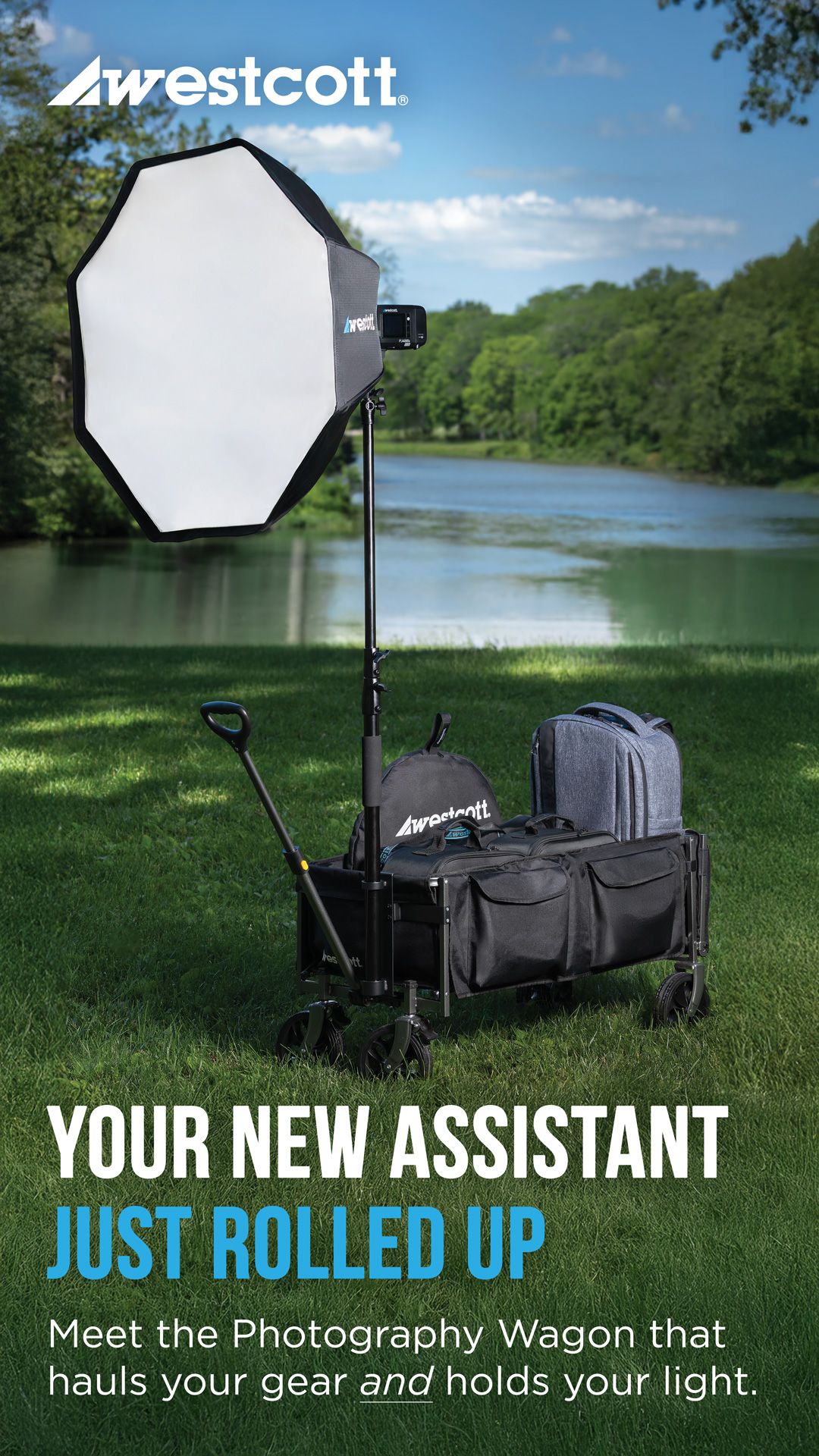 Westcott Photography Wagon close up showing gear bag storage and light stand mount