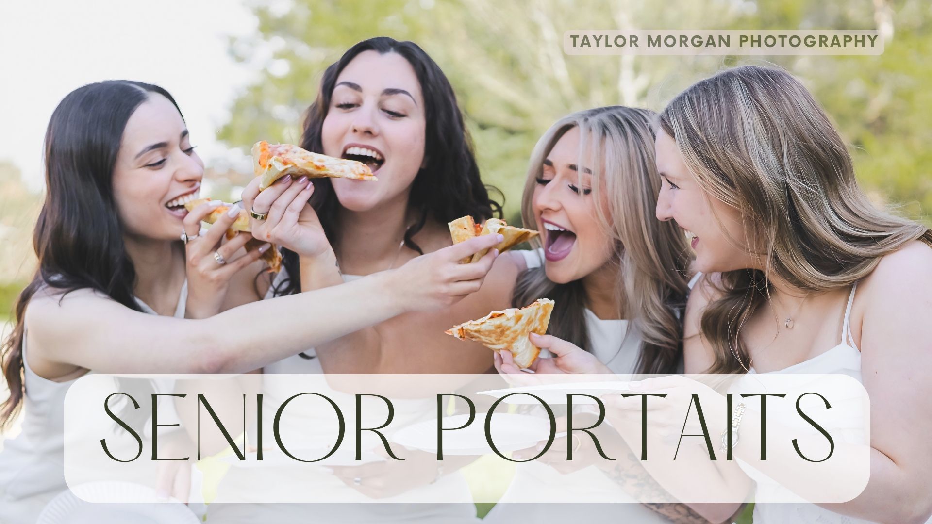 Four young women laughing and eating pizza together at a senior portrait photography session by Taylor Morgan Photography.