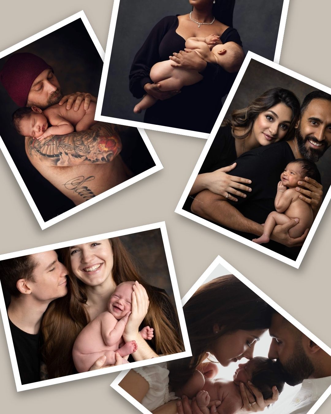 A collage of newborn photography sessions featuring parents lovingly holding their babies in professional studio portraits.