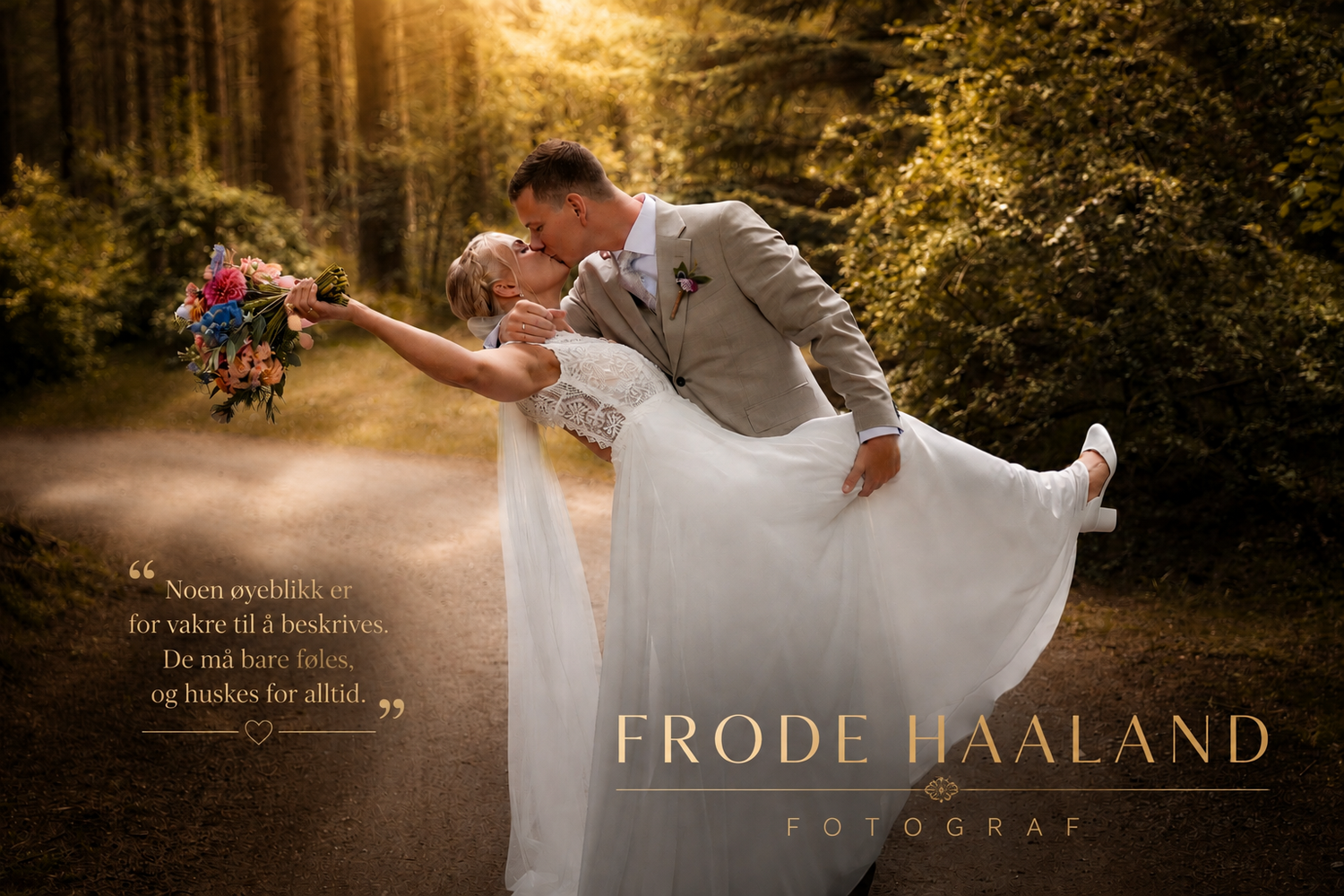 Wedding couple dancing in a sunlit forest path, bride in white gown, groom in suit, by Frode Haaland Fotograf.