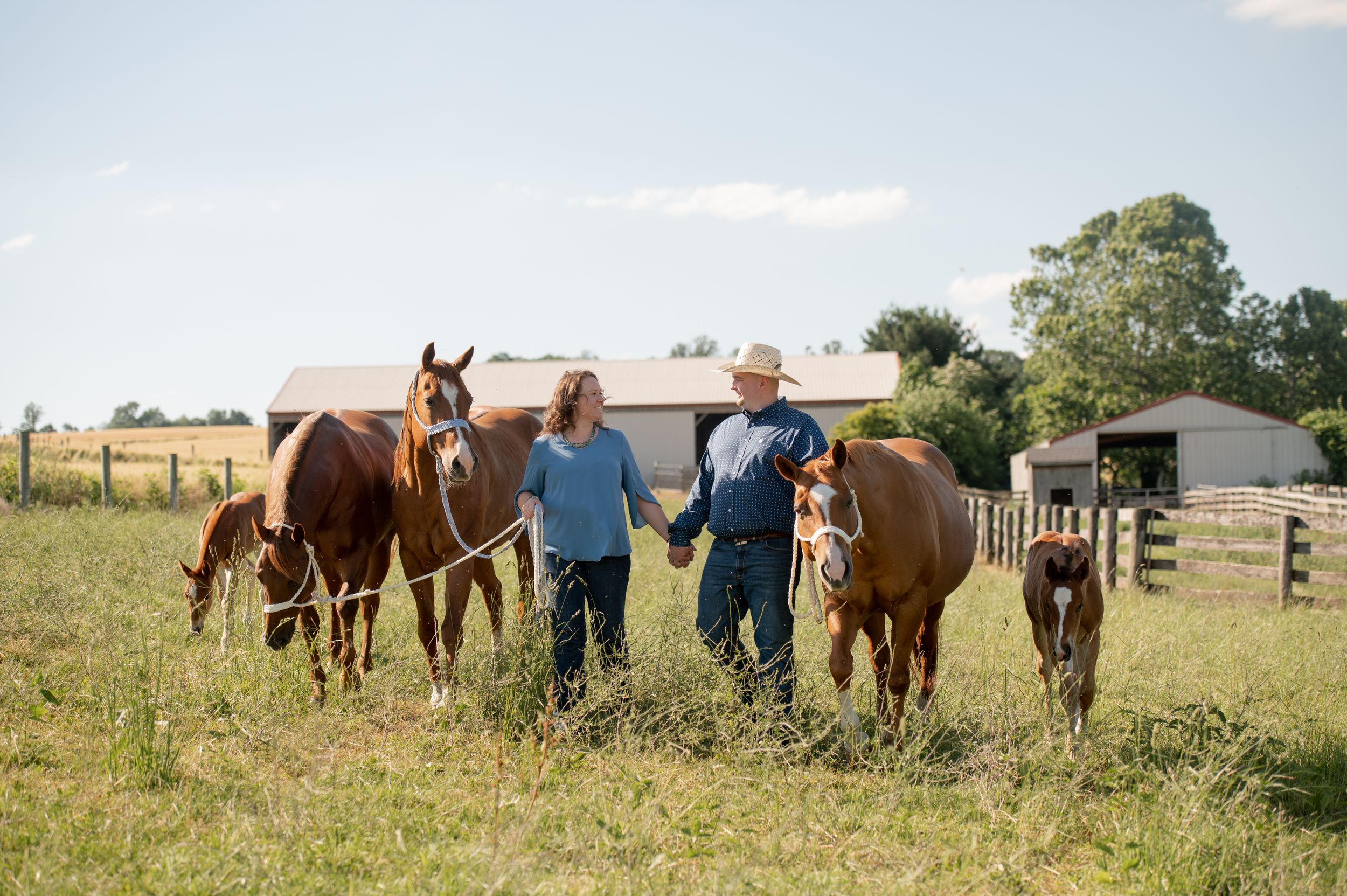Two farmers walk with their horses through sunny pasture near wooden fence and barn.
