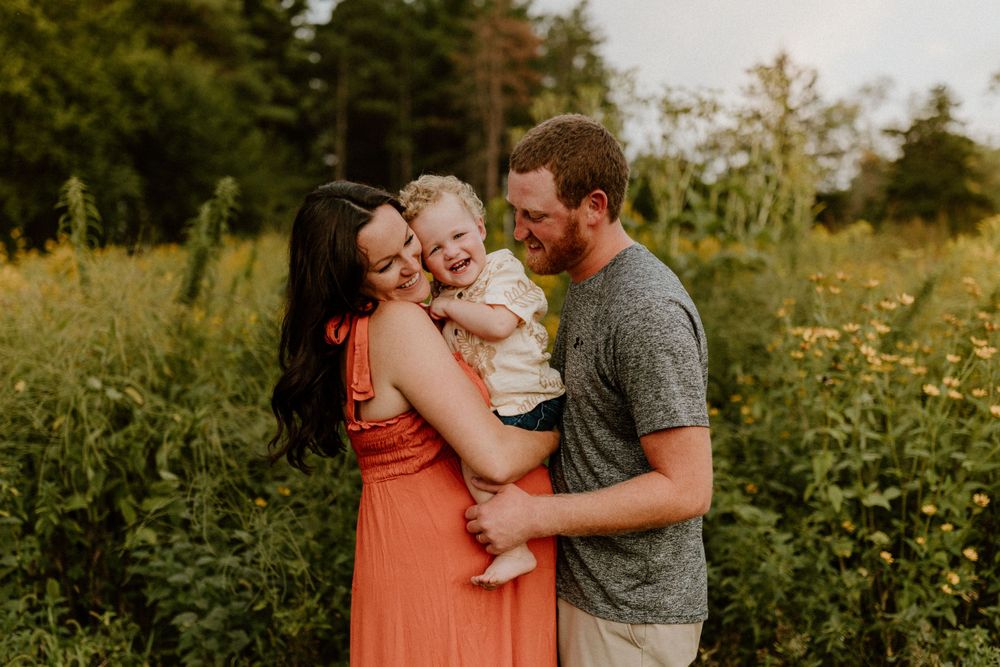 A loving family moment captured in a golden field at sunset with warm tones and natural lighting.