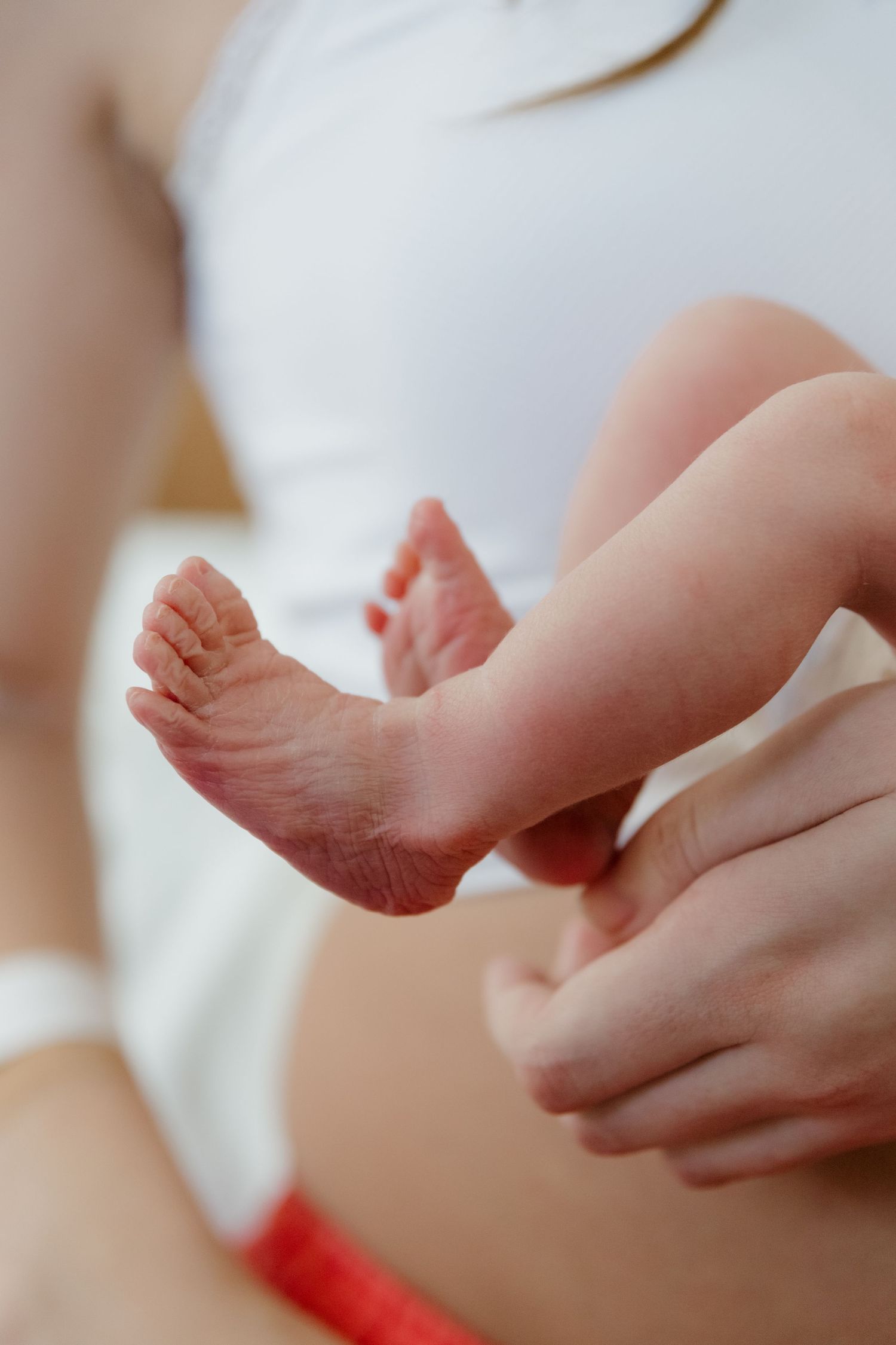 Close-up photo of tiny baby feet being gently held by adult hands against white fabric background.