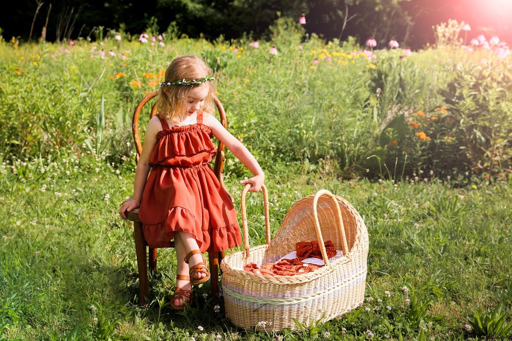 Toddler girl in red dress standing by wicker basket in sunny wildflower meadow.