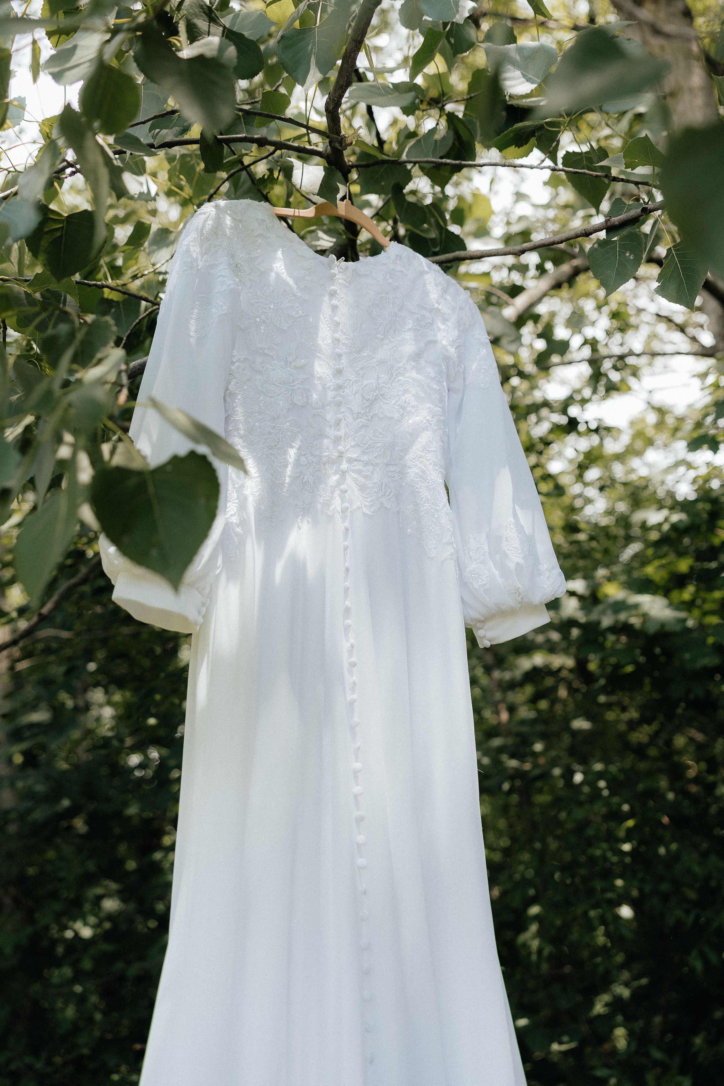 White vintage-style wedding dress hanging from a tree branch.