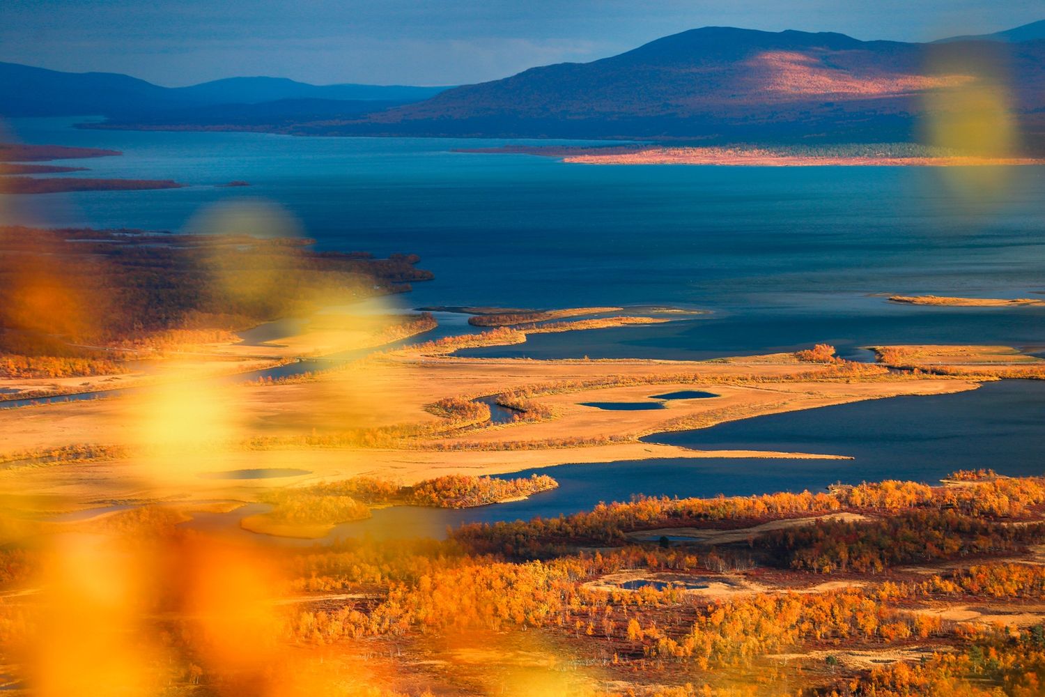 Aerial autumn landscape of golden tundra and blue lake with mountain backdrop in Lapland wilderness.