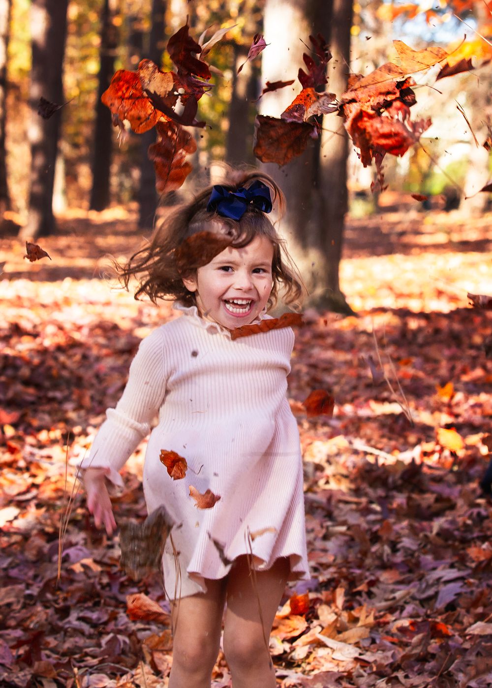 Young child in pink dress playing with falling autumn leaves in the forest.