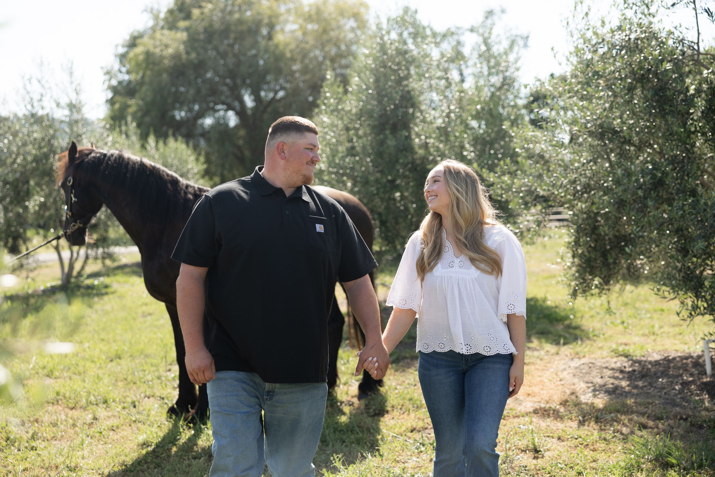 Couple holding hands walking outdoors near a dark horse among green trees on a sunny day.