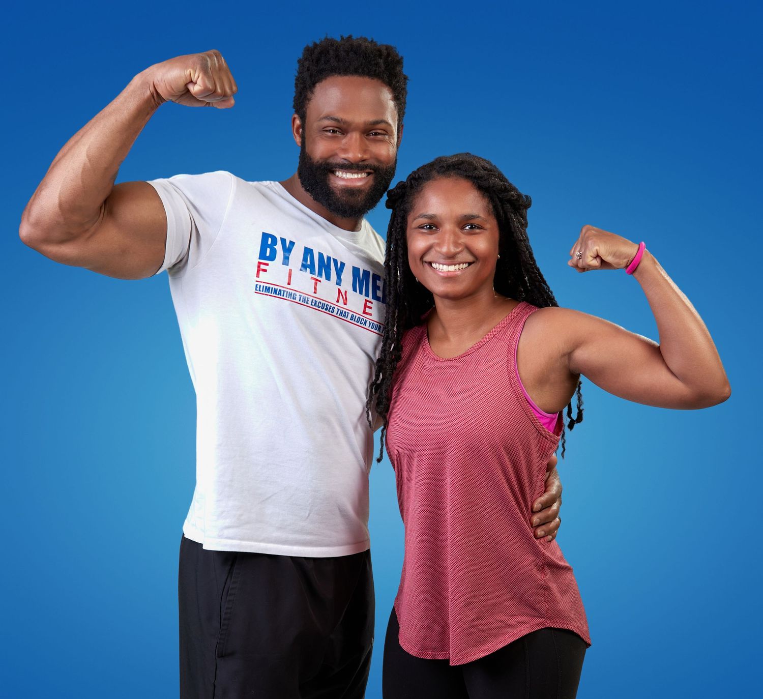 Dynamic fitness photo series against blue background showing people in workout attire.