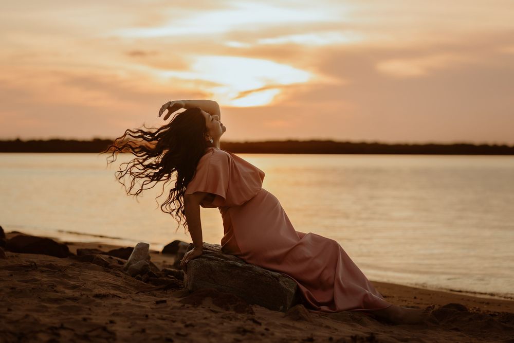 A series of sunset beach photos showing silhouettes against golden orange skies over calm ocean waters.