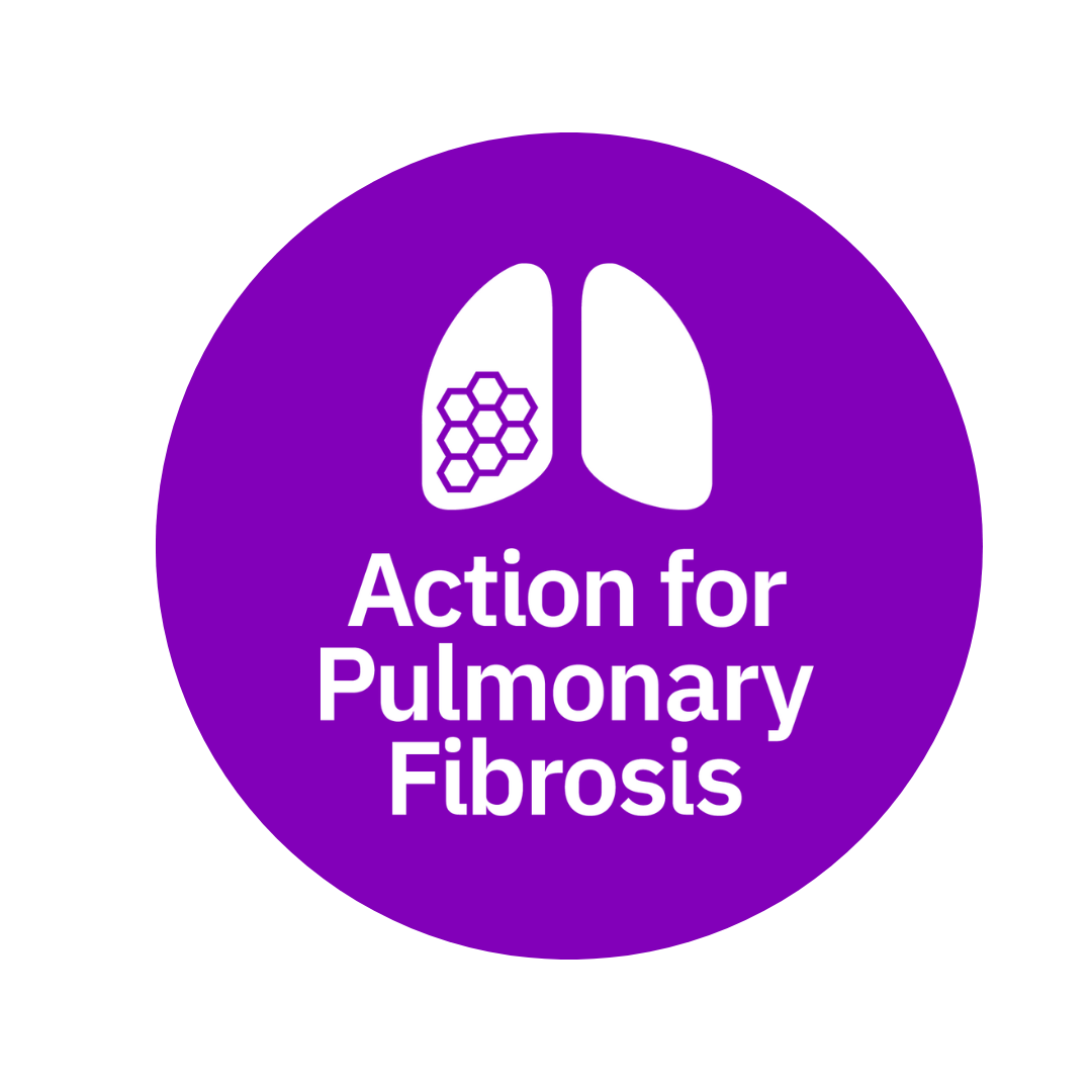 Purple Action for Pulmonary Fibrosis charity logo designs in oval shapes.