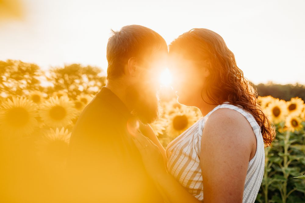A couple resting their foreheads together as the sun flare shines directly between them in a field of sunflowers.
