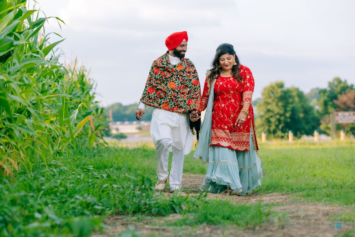 Couple in traditional red and floral Punjabi attire walking hand in hand along a grassy path beside a green cornfield at sunset.