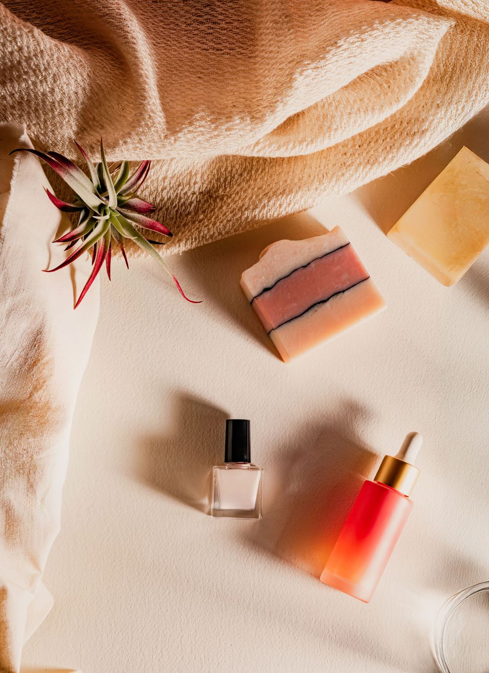Flat lay of natural skincare products with soap, nail polish, serum, and air plant.
