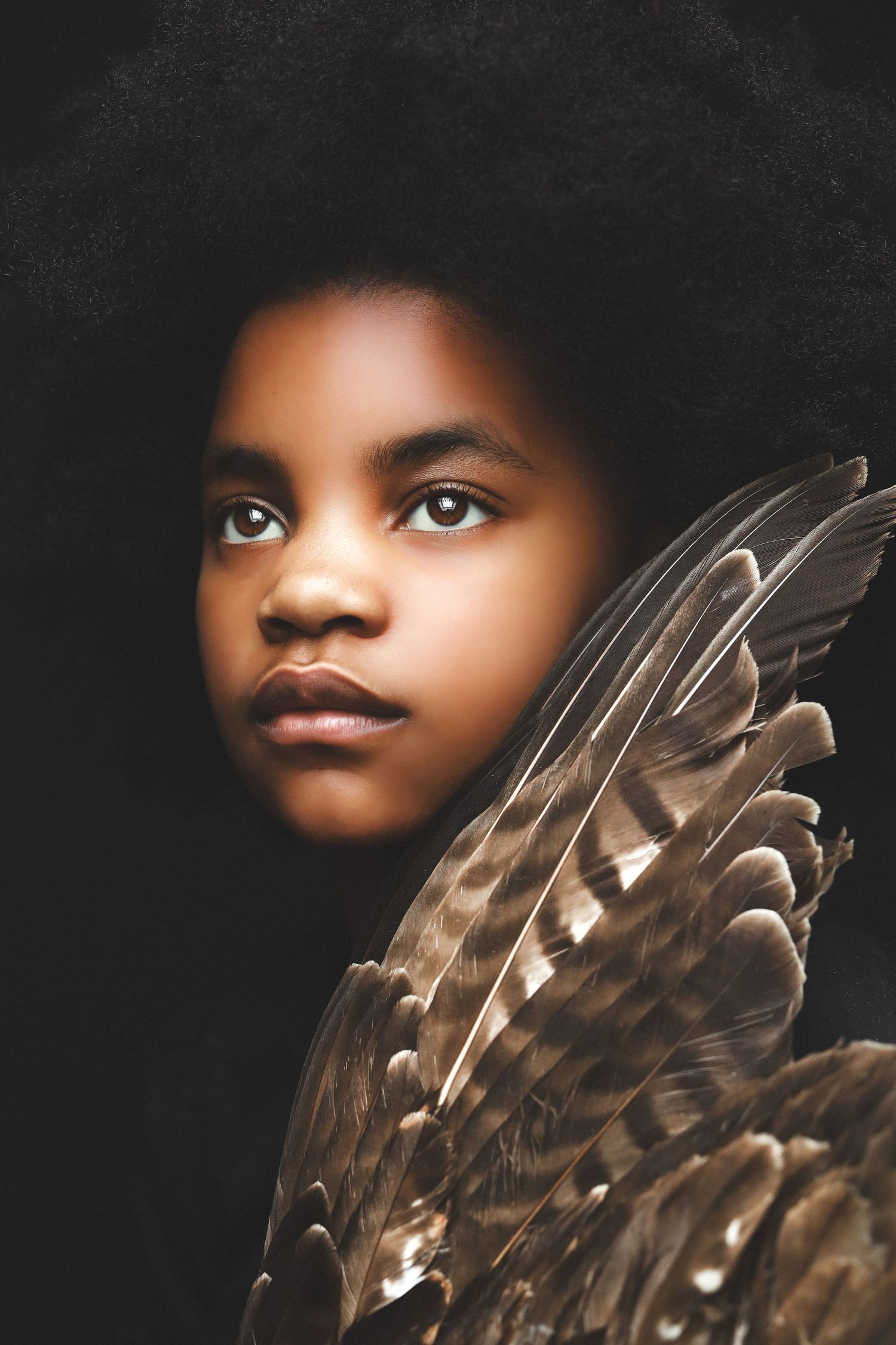 A young child with a natural afro hairstyle poses with large brown feathered wings against a dark background.