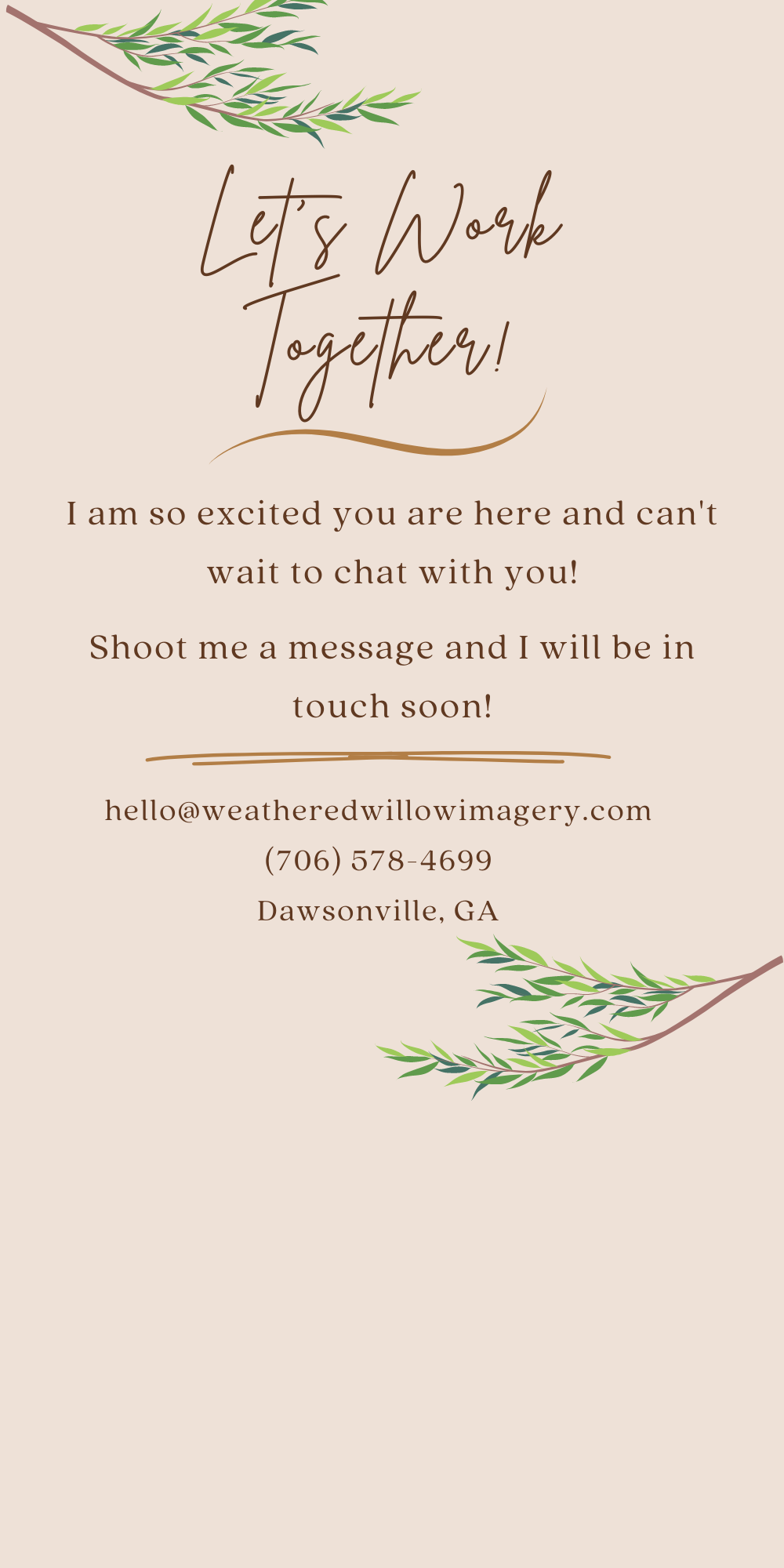 Minimalist business contact card with green leaf design and handwritten text on pink background.