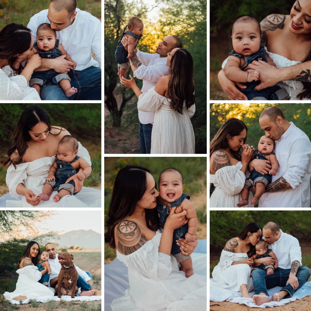 Family photoshoot at sunset golden hour in the desert in Tucson, Arizona.