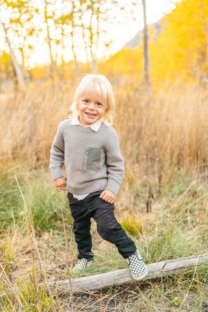 Child in gray sweater balancing on log among golden fall grasses in Snowbird, Utah.