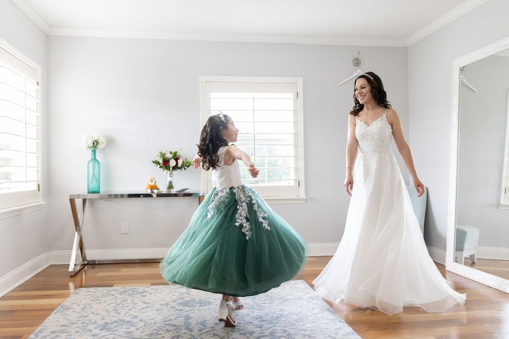 A series of elegant photos showing flowing tulle skirts and dresses in white and emerald green against a bright studio setting.