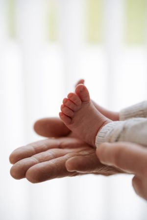 Delicate newborn baby feet resting against a light background.