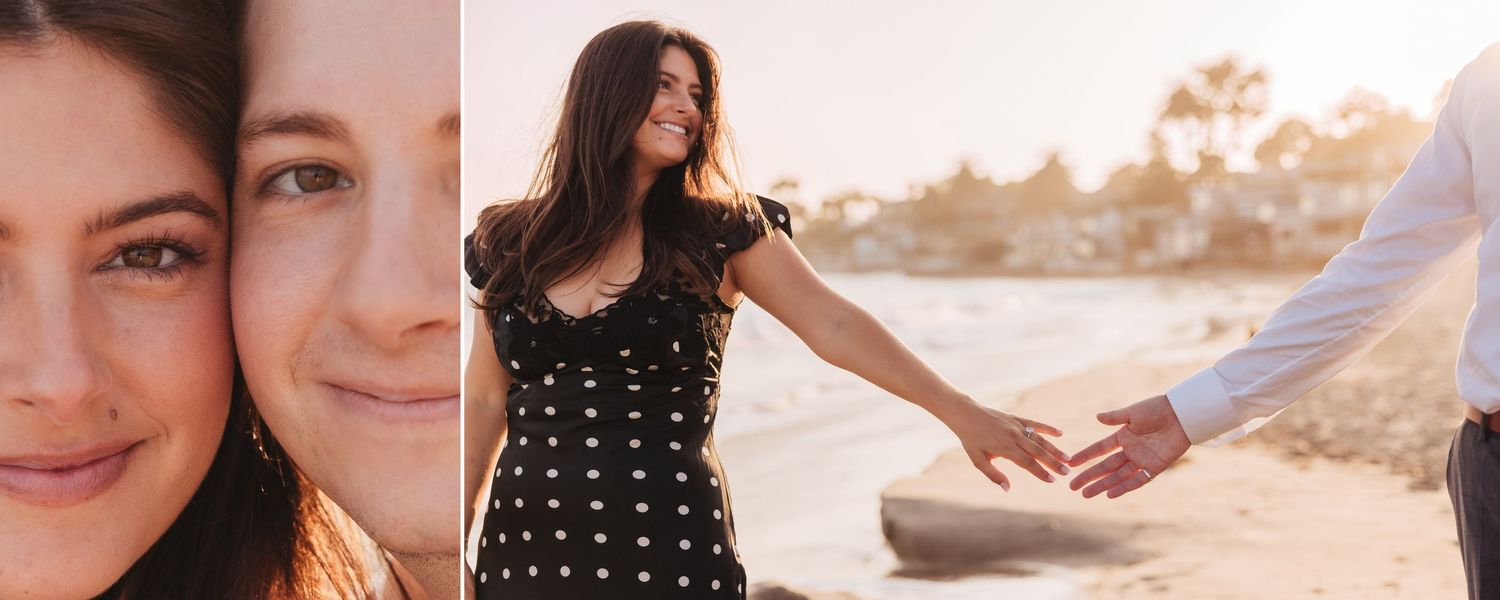 Couple shares intimate moments on the beach during golden hour photo session.