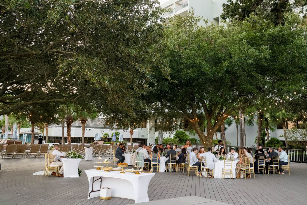 Outdoor wedding reception with tables set under trees and string lights.