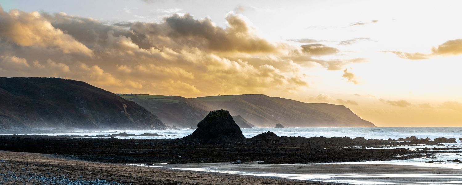 Sunset over Widemouth Bay, Bude, Cornwall, United Kingdom.