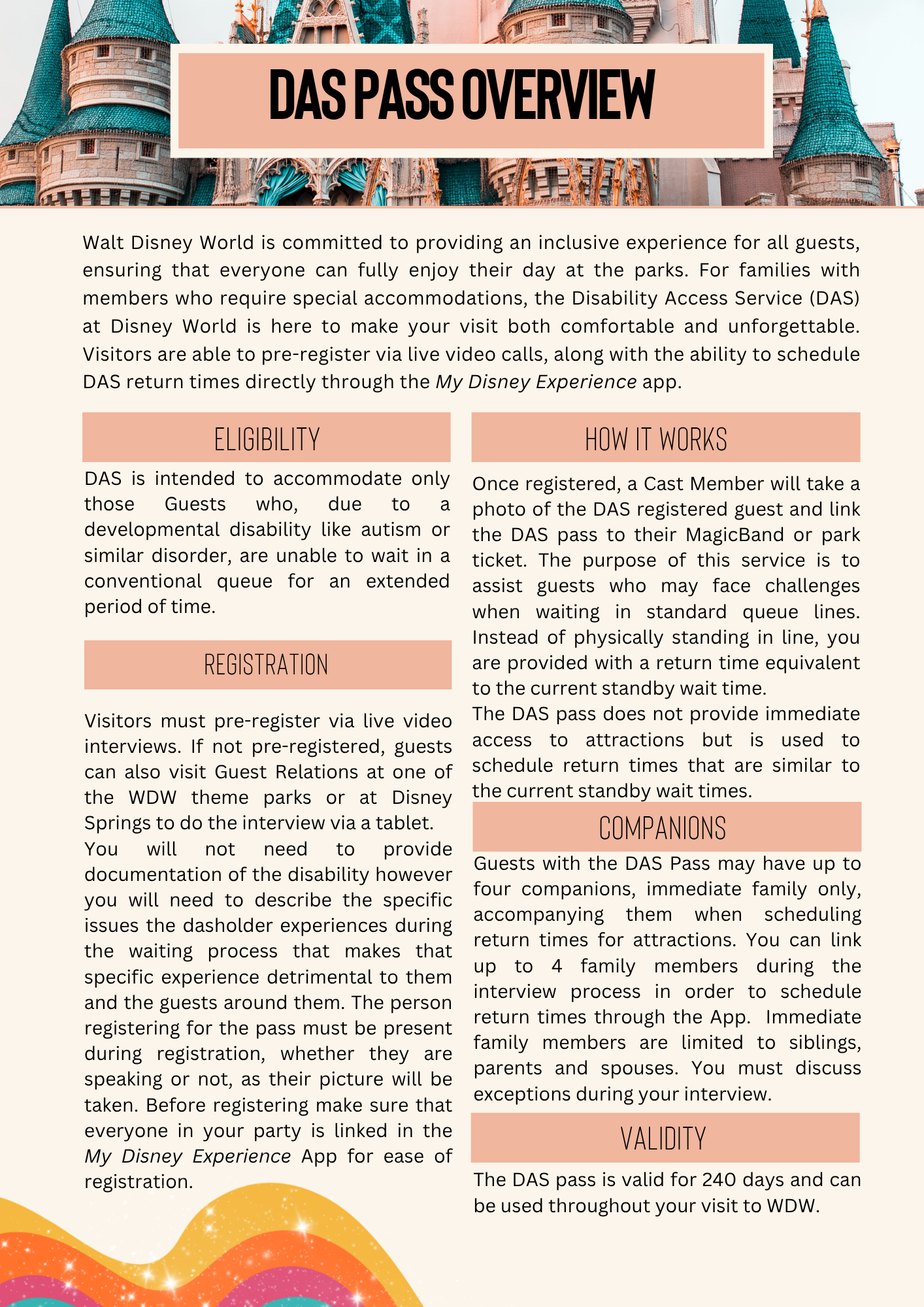 An informational guide page explaining Disney World's Disability Access Pass overview and registration process.
