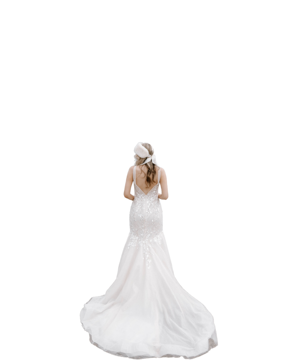 Back view of a fitted lace mermaid wedding gown with long train on white background.