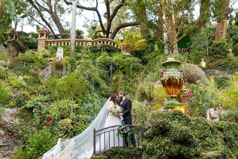 A collage of wedding photos showing couples in a lush garden setting with romantic archways and natural greenery.